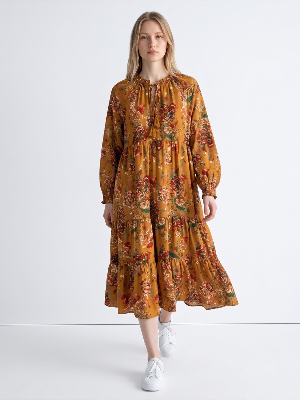 BIBI Floral Tiered Maxi Dress Brown Boho Long Sleeve NWT